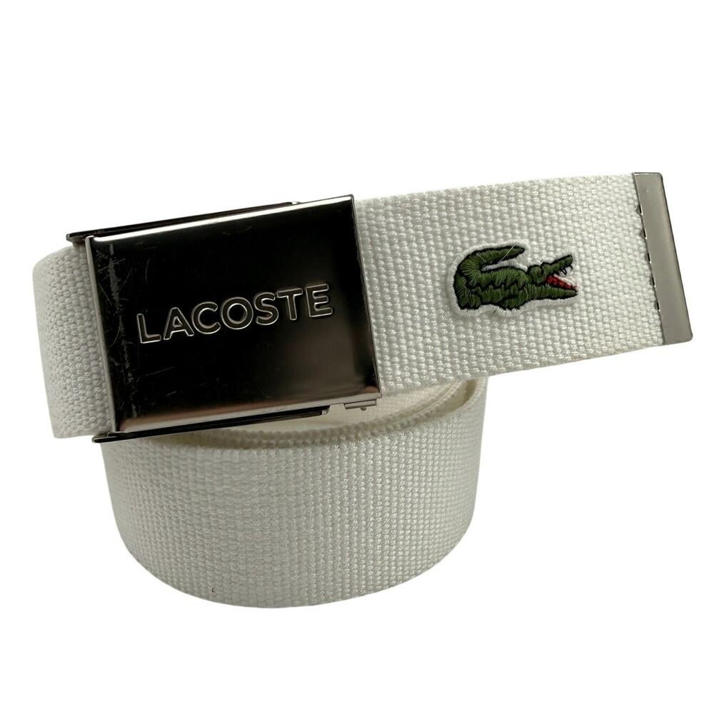 Lacoste White Canvas Web Belt Adjustable Golf Sport Crocodile Logo Y2K Vintage